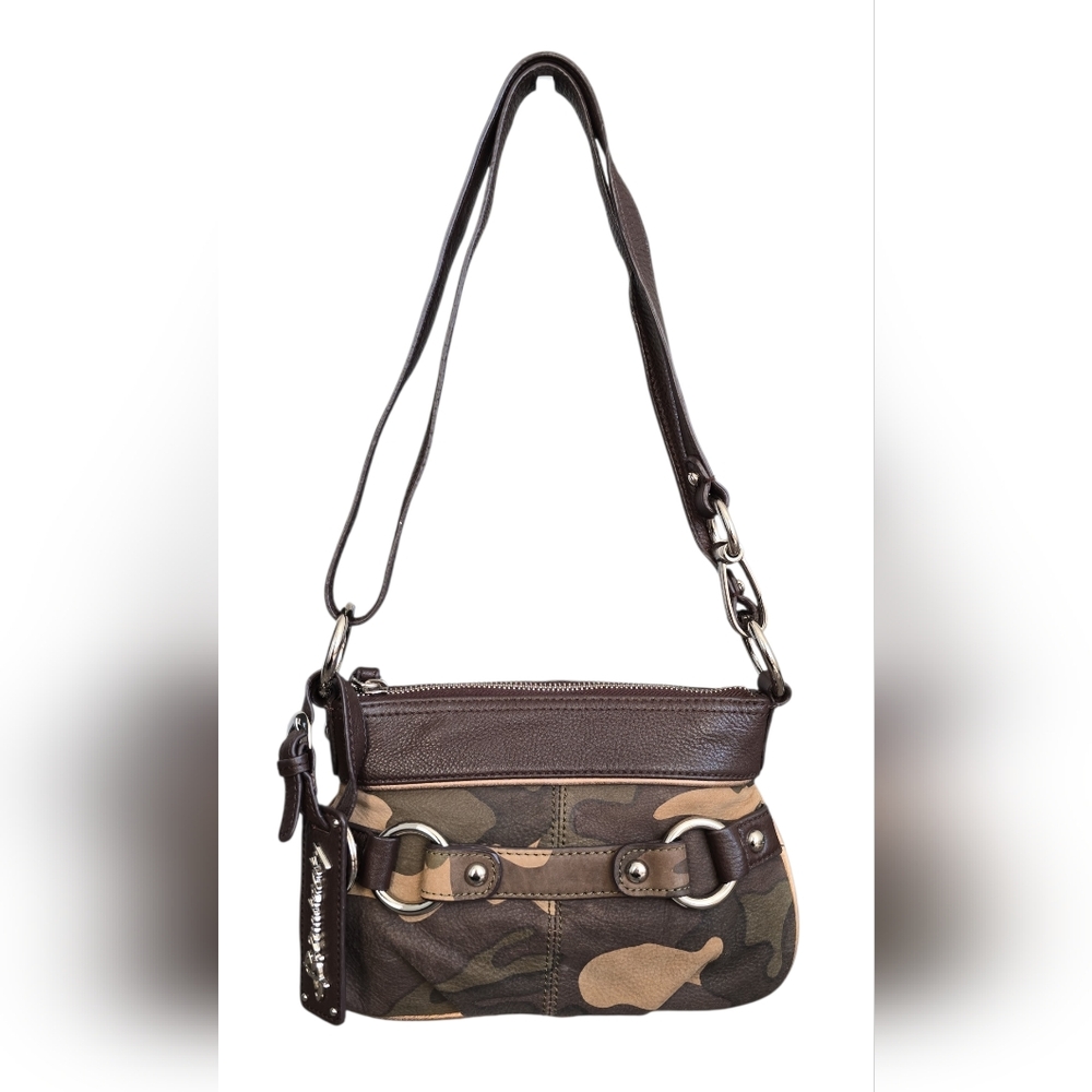 B Makowsky Small Brown Leather Camo Shoulder  Crossbody bag EUC